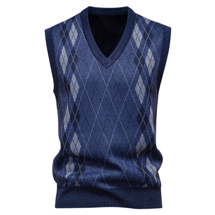 Men's Argyle Knitted Sweater Vest with V-Neck - Blue Grey