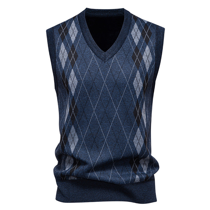 Men's Argyle Knitted Sweater Vest with V-Neck - Dark Grey