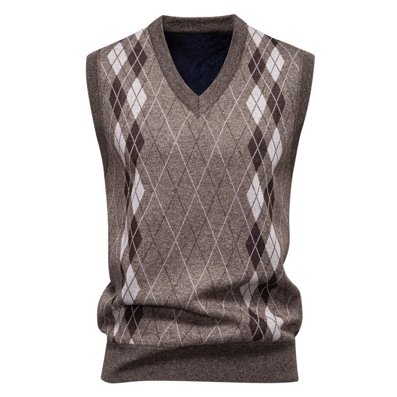 Men's Argyle Knitted Sweater Vest with V-Neck - Coffee Brown