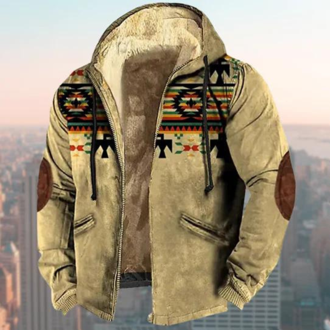 Men's Boho Print Hooded Jacket with Elbow Patches in Apricot