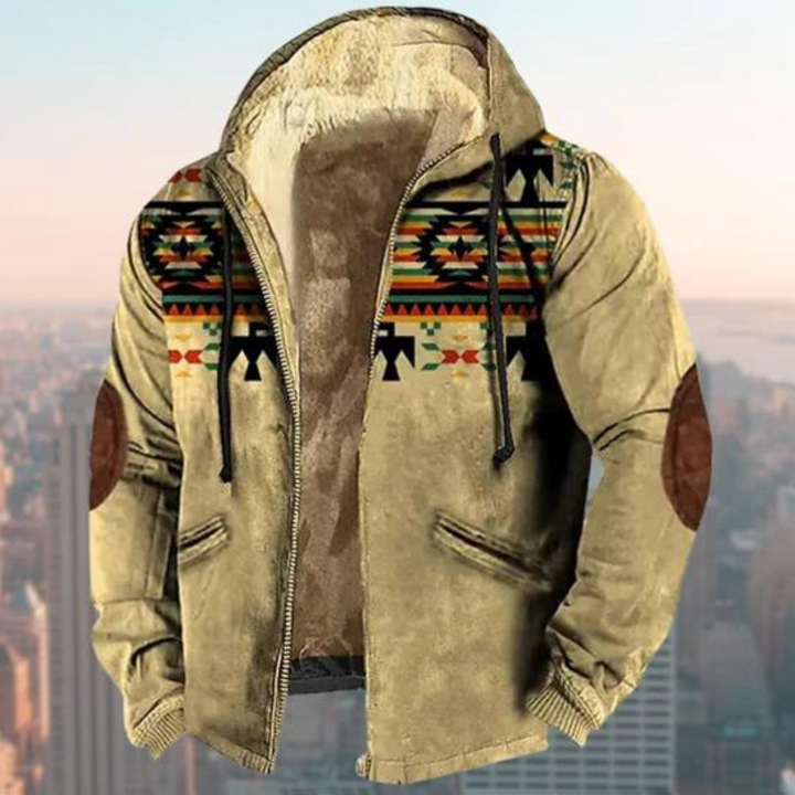 Men's Boho Print Hooded Jacket with Elbow Patches in Apricot