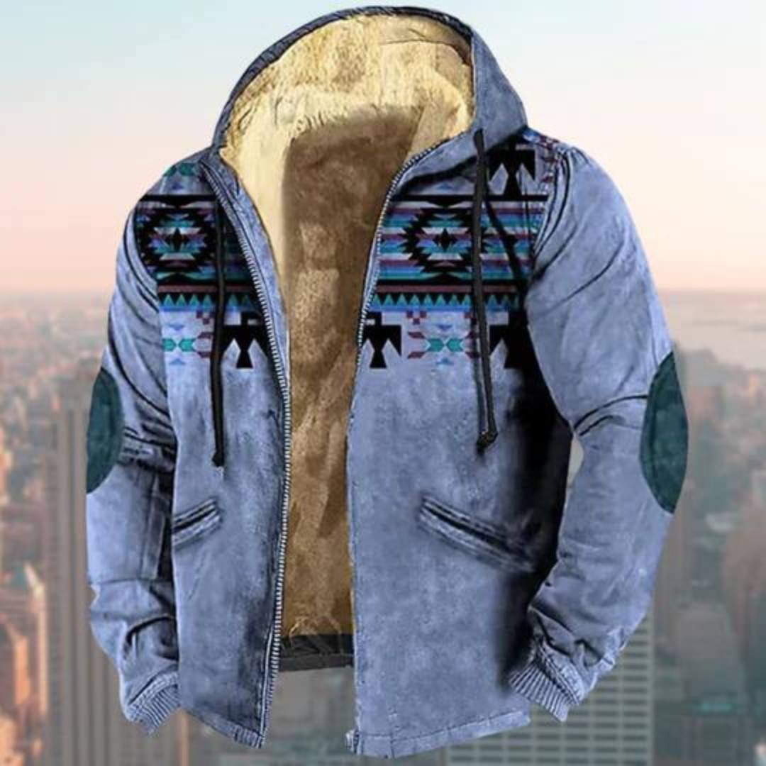 Men's Boho Print Hooded Jacket with Elbow Patches in Blue