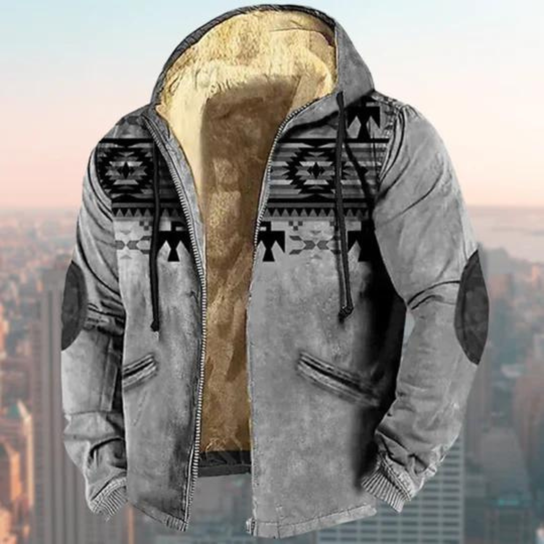 Men's Boho Print Hooded Jacket with Elbow Patches in Grey