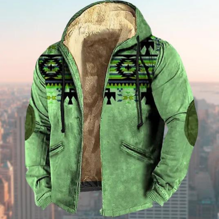 Men's Boho Print Hooded Jacket with Elbow Patches in Green