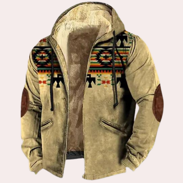 Men's Boho Print Hooded Jacket with Elbow Patches