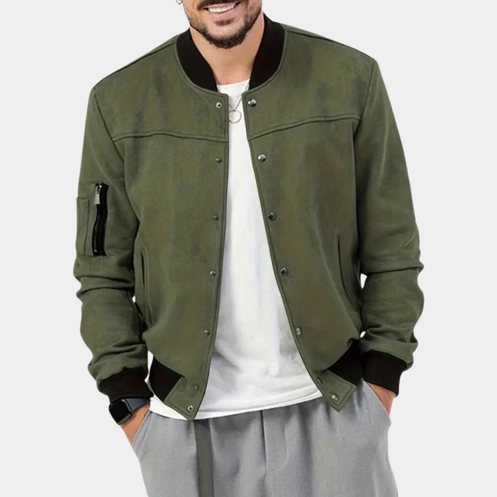 Men's Bomber Jacket with Ribbed Cuffs and Sleeve Pocket in Army Green