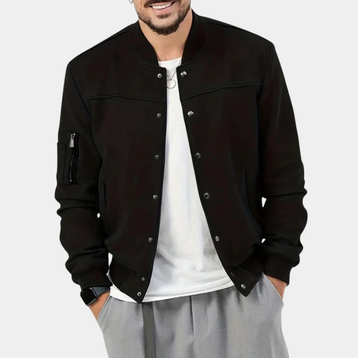 Men's Bomber Jacket with Ribbed Cuffs and Sleeve Pocket in Black