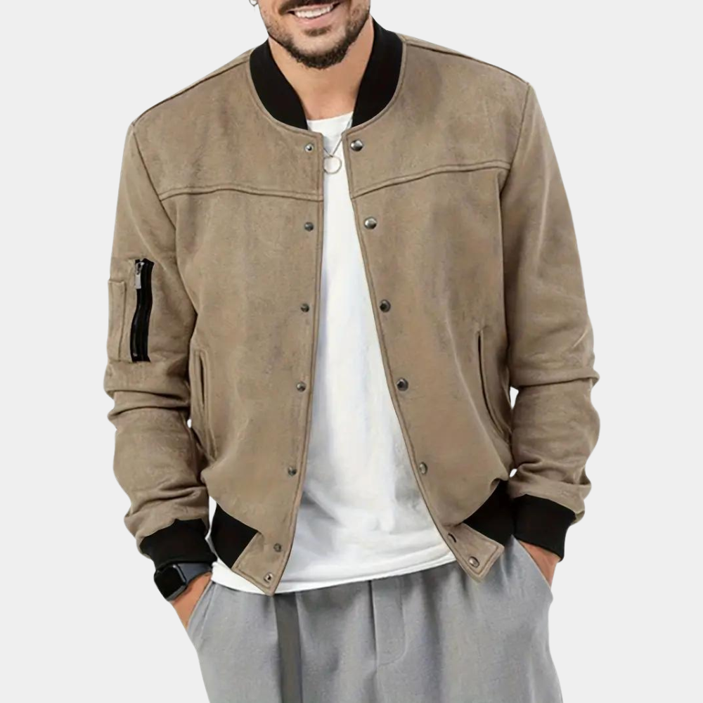 Men's Bomber Jacket with Ribbed Cuffs and Sleeve Pocket in Light Brown