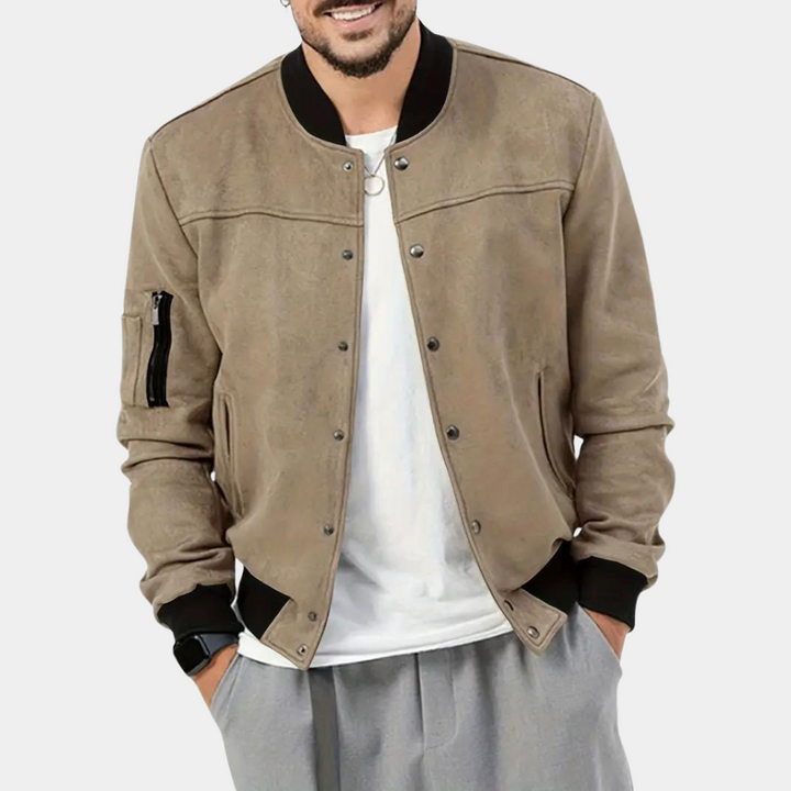 Men's Bomber Jacket with Ribbed Cuffs and Sleeve Pocket in Light Brown