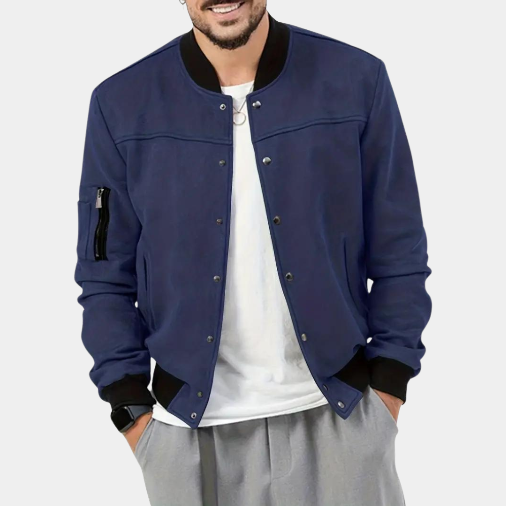 Men's Bomber Jacket with Ribbed Cuffs and Sleeve Pocket in Navy