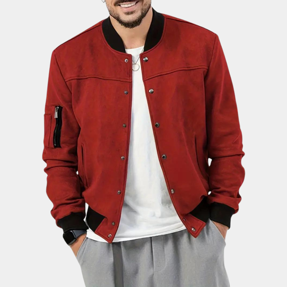 Men's Bomber Jacket with Ribbed Cuffs and Sleeve Pocket in Red