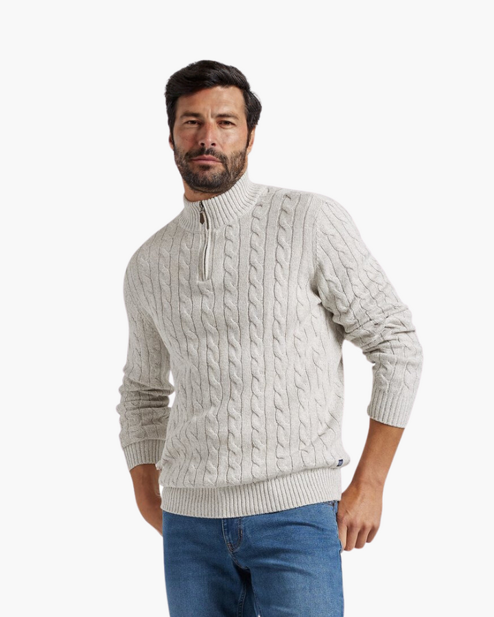 Men's Cable Knit Half-Zip Jumper with Ribbed Trims
