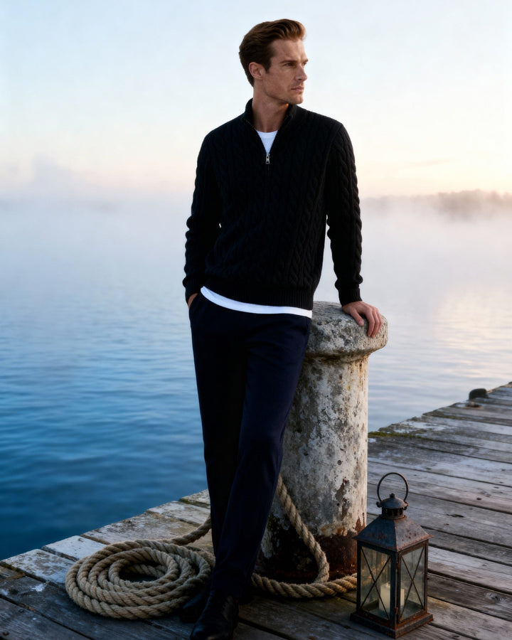 Men's Cable Knit Half-Zip Jumper with Ribbed Trims