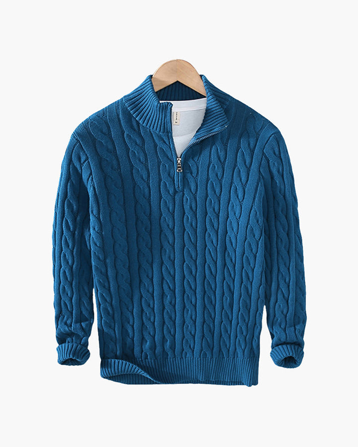 Men's Cable Knit Half-Zip Jumper with Ribbed Trims - Blue
