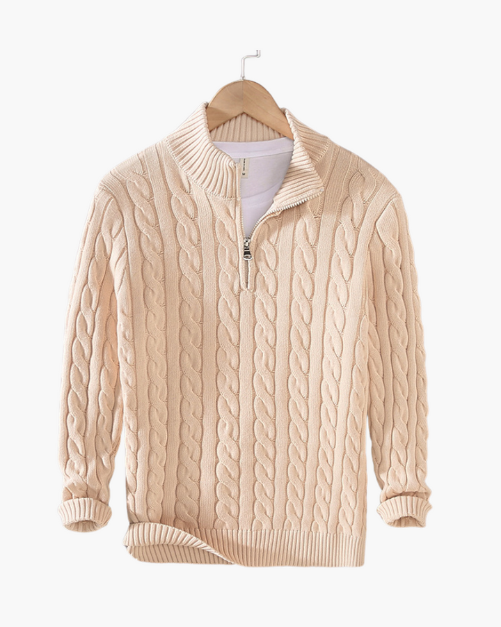 Men's Cable Knit Half-Zip Jumper with Ribbed Trims