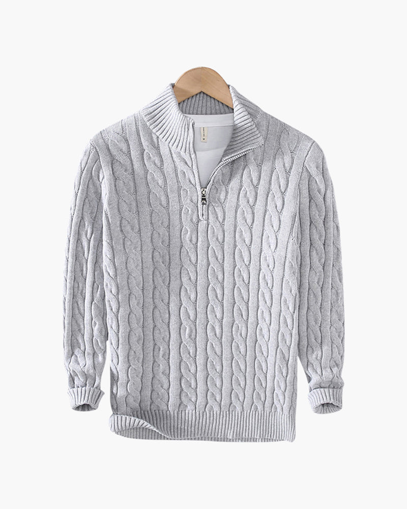 Men's Cable Knit Half-Zip Jumper with Ribbed Trims - Grey