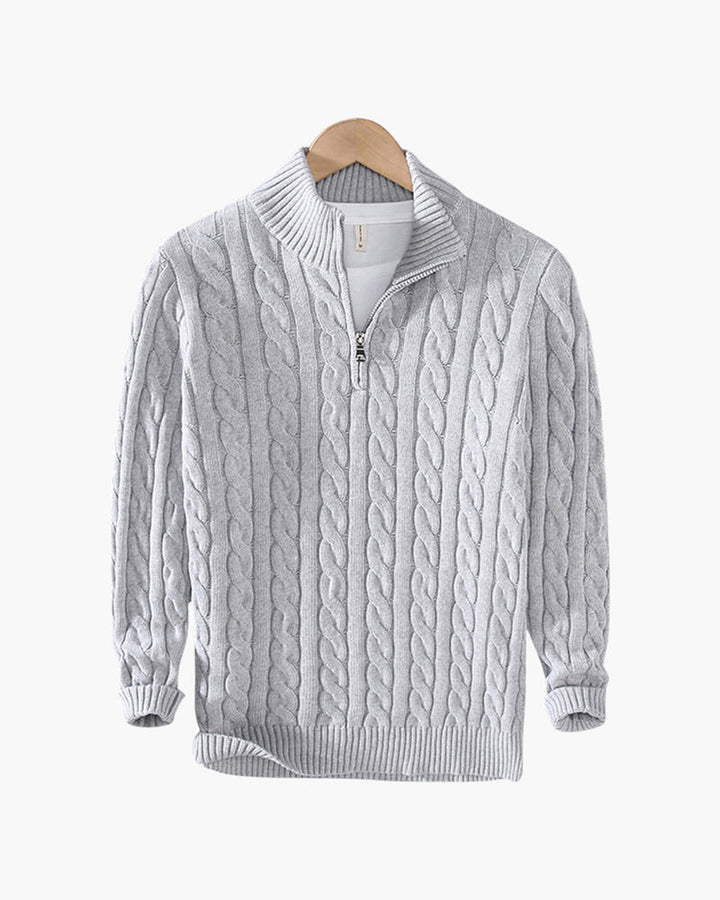 Men's Cable Knit Half-Zip Jumper with Ribbed Trims - Grey