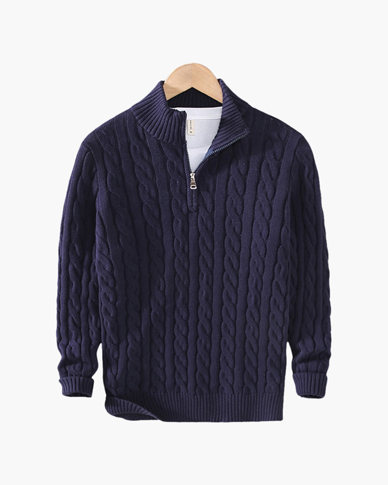 Men's Cable Knit Half-Zip Jumper with Ribbed Trims - Navy Blue