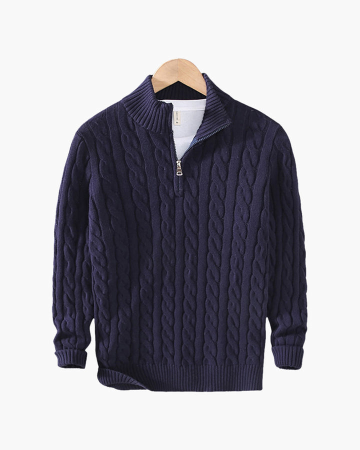 Men's Cable Knit Half-Zip Jumper with Ribbed Trims - Navy Blue