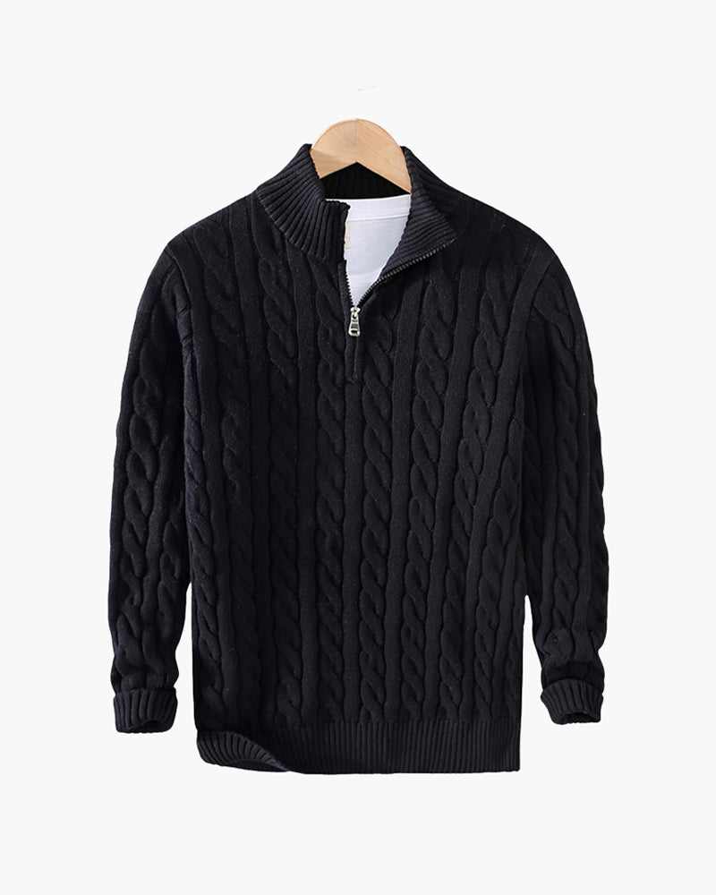 Men's Cable Knit Half-Zip Jumper with Ribbed Trims - Black