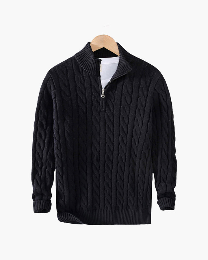 Men's Cable Knit Half-Zip Jumper with Ribbed Trims - Black