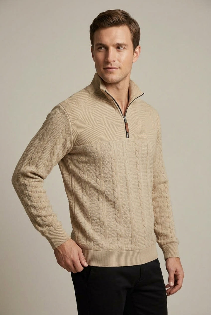 Men's Cable Knit Quarter Zip Sweater - Beige