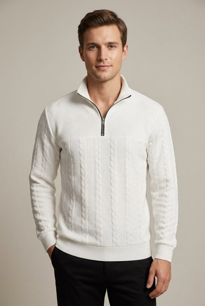 Men's Cable Knit Quarter Zip Sweater - White