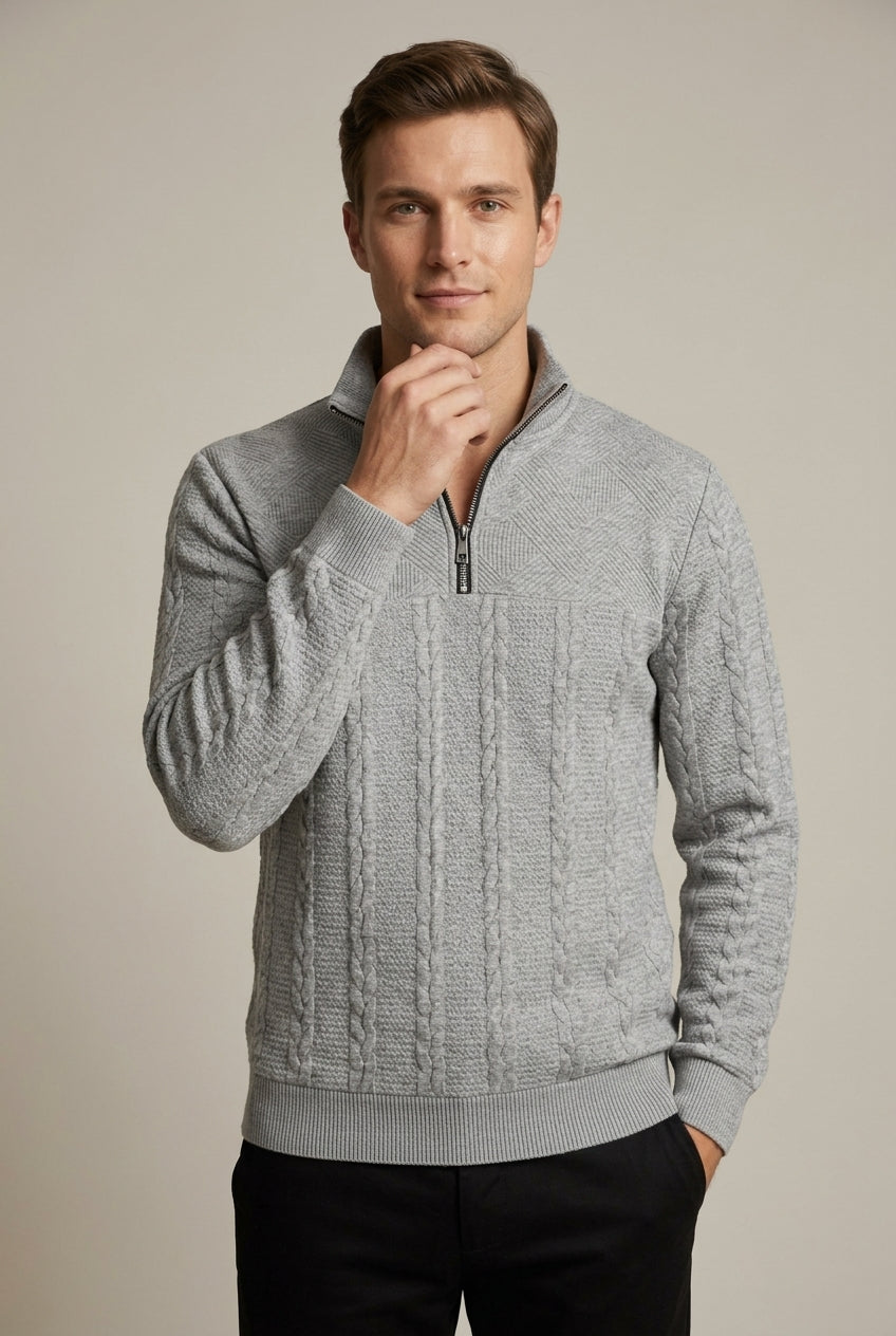 Men's Cable Knit Quarter Zip Sweater - Grey