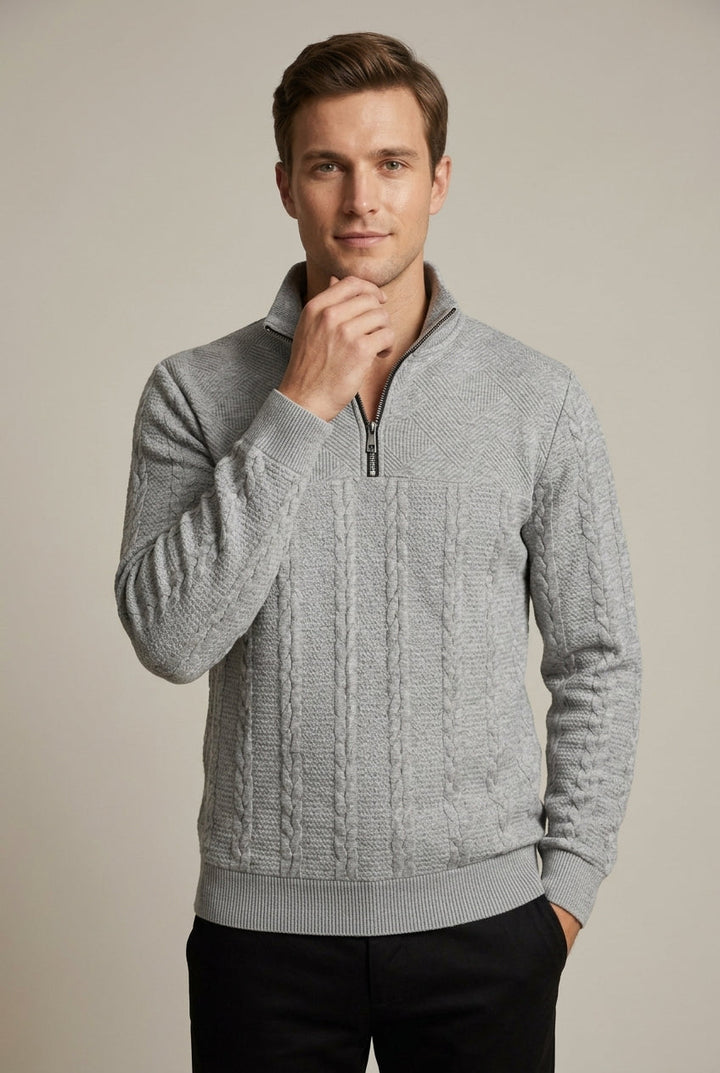 Men's Cable Knit Quarter Zip Sweater - Grey