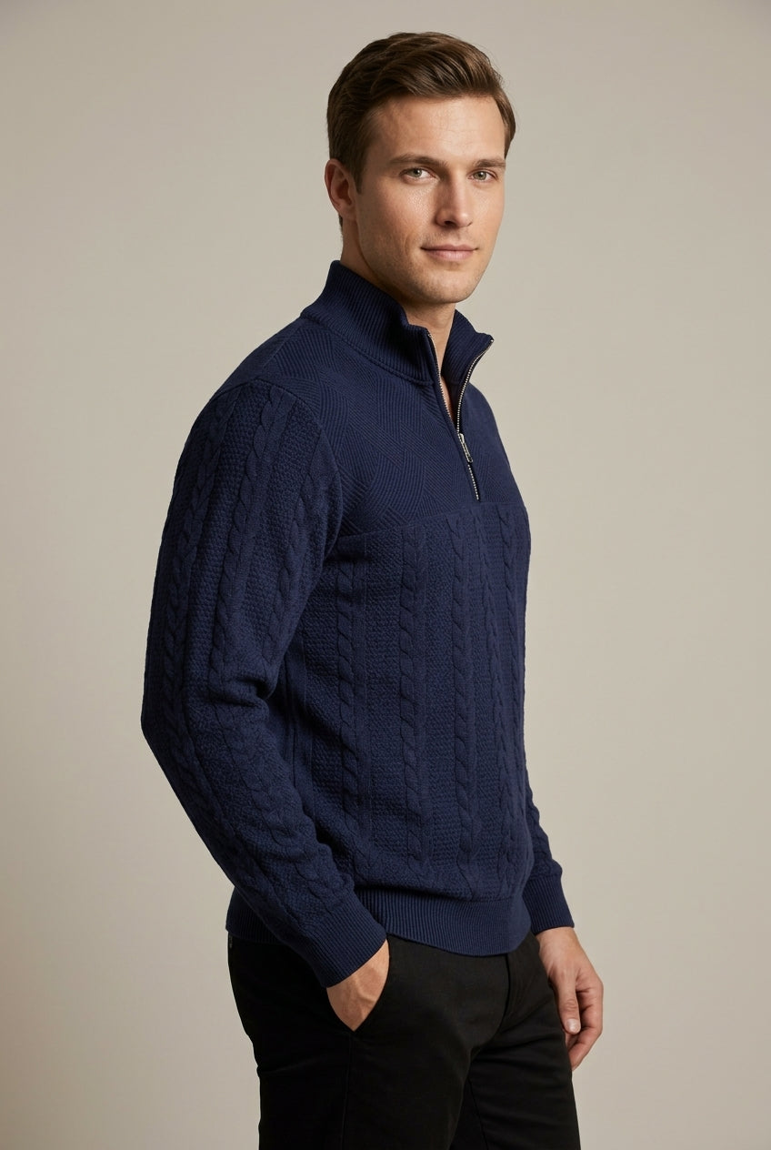 Men's Cable Knit Quarter Zip Sweater - Navy Blue