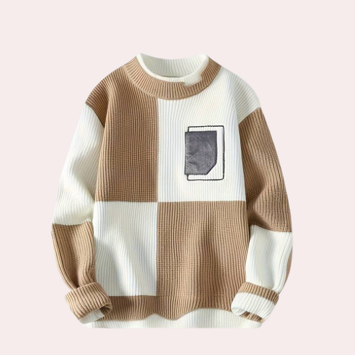Men's Colour Block Jumper with Crew Neck and Pocket in Khaki