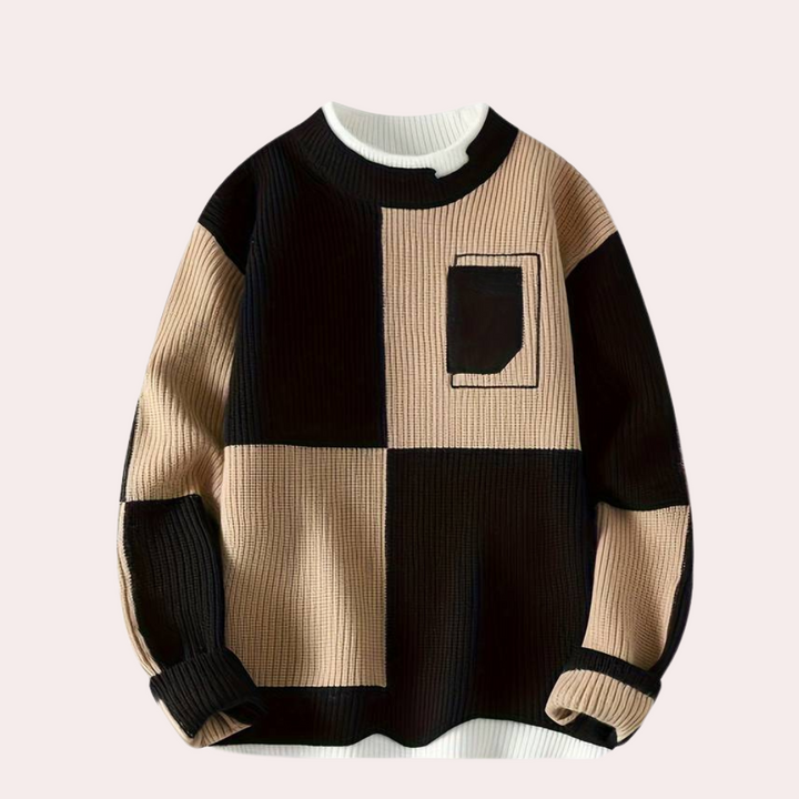 Men's Colour Block Jumper with Crew Neck and Pocket in Black