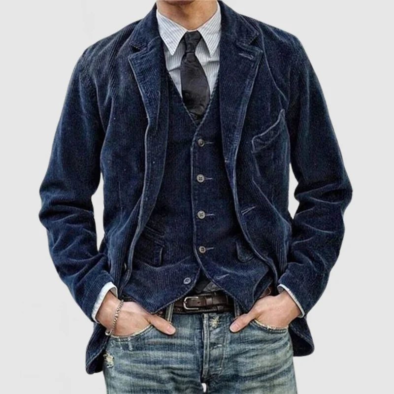 Men's Corduroy Long Sleeve Suit in Navy Blue