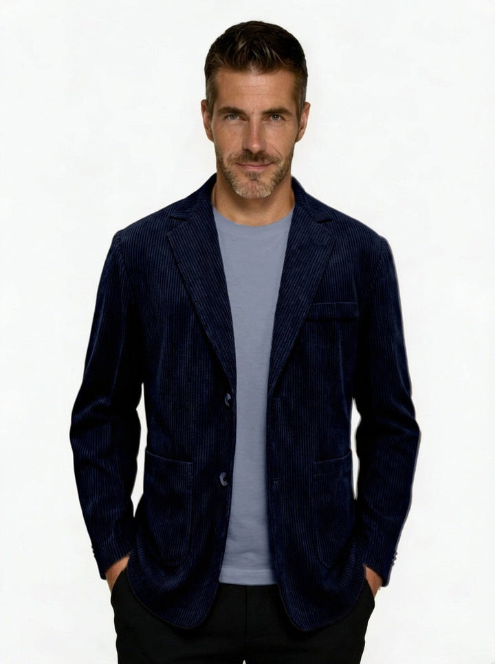 Men's Corduroy Single-Breasted Blazer with Notch Lapel - Navy Blue