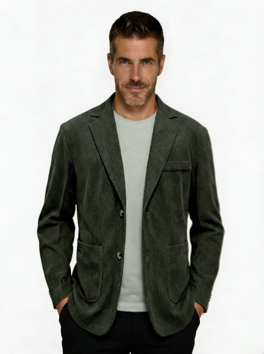 Men's Corduroy Single-Breasted Blazer with Notch Lapel - Olive Green