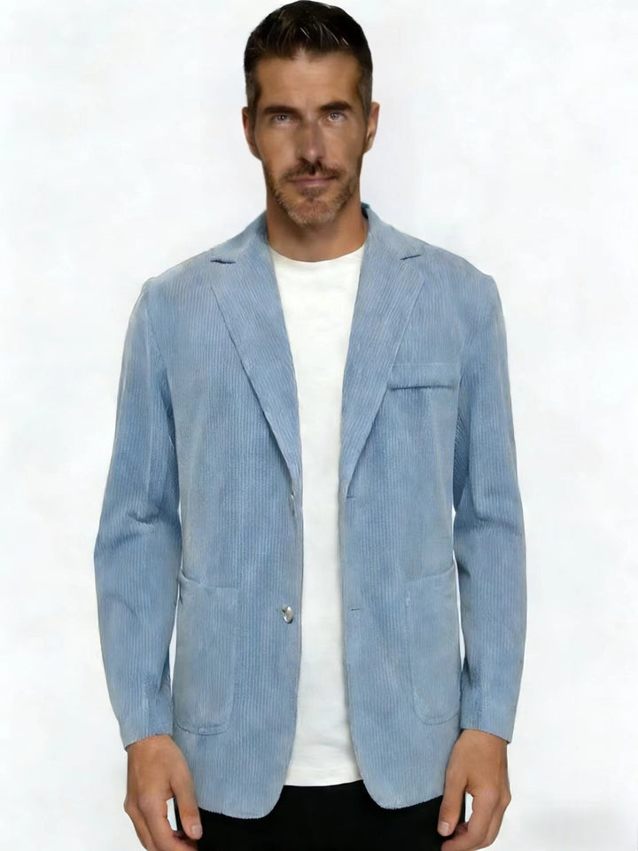 Men's Corduroy Single-Breasted Blazer with Notch Lapel - Sky Blue