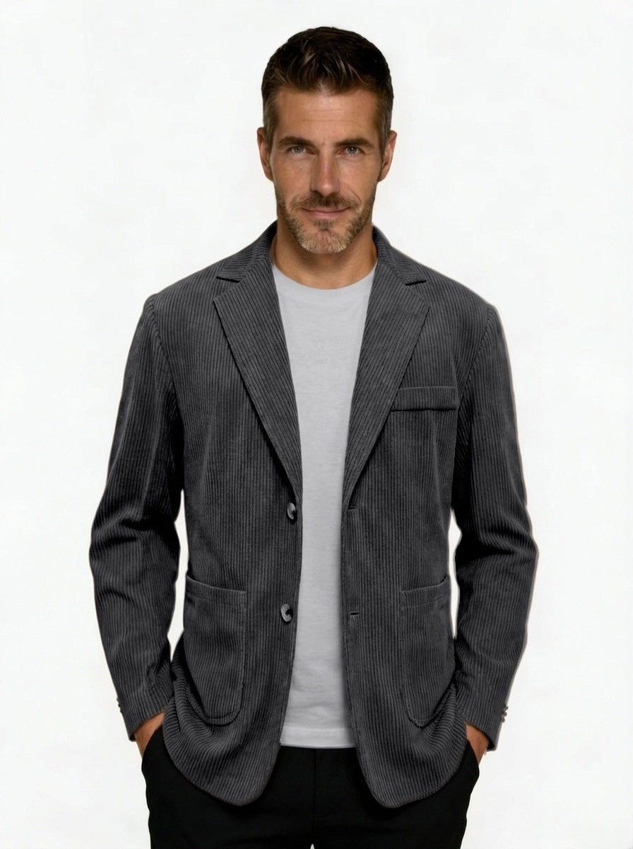 Men's Corduroy Single-Breasted Blazer with Notch Lapel - Dark Gray