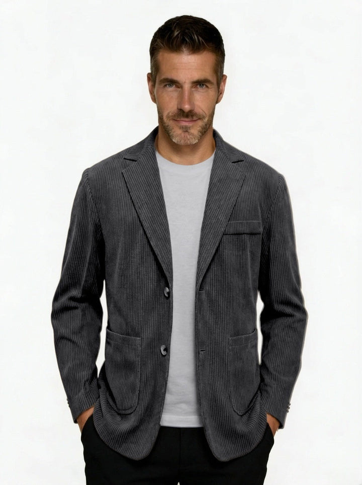 Men's Corduroy Single-Breasted Blazer with Notch Lapel - Dark Gray