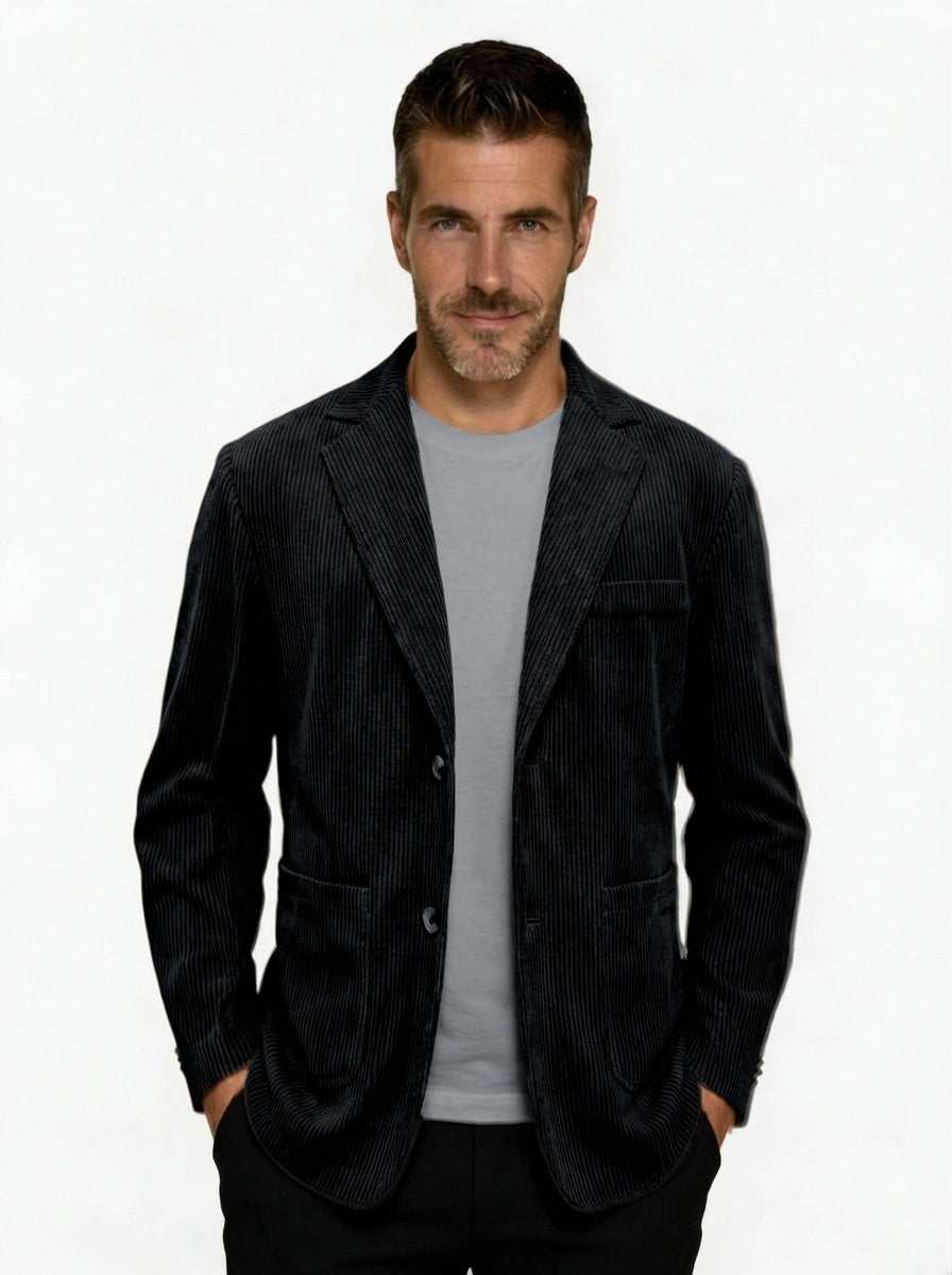 Men's Corduroy Single-Breasted Blazer with Notch Lapel - Black