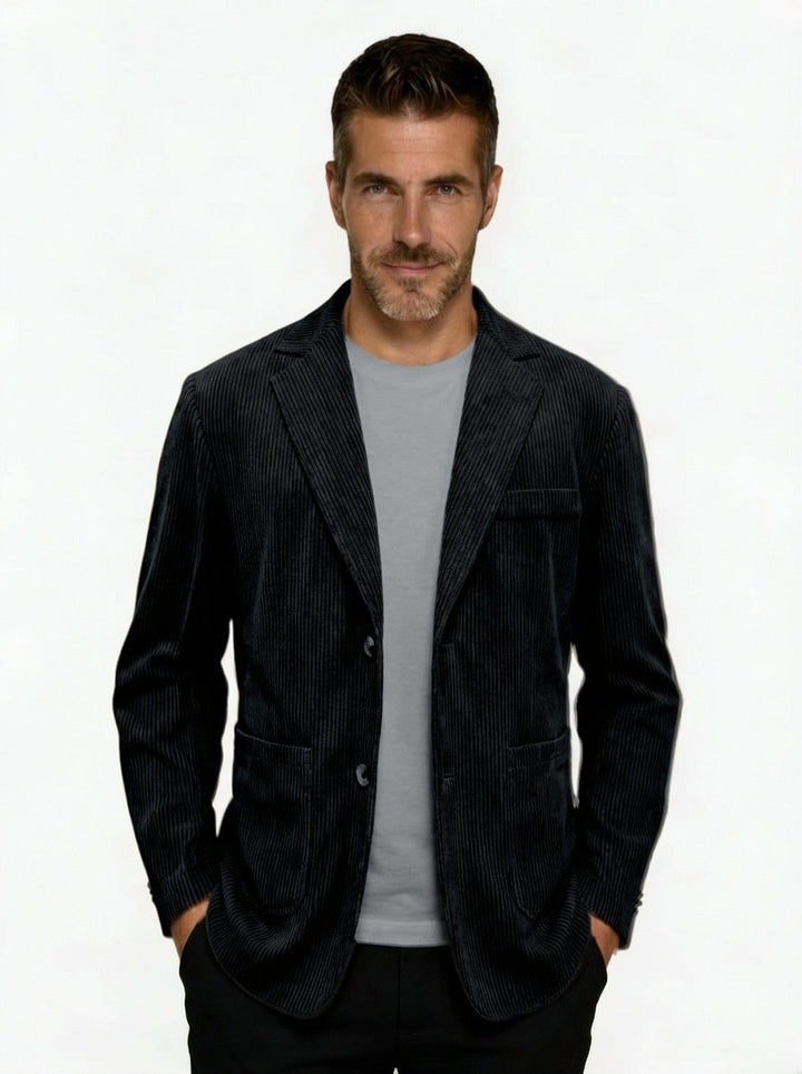 Men's Corduroy Single-Breasted Blazer with Notch Lapel - Black