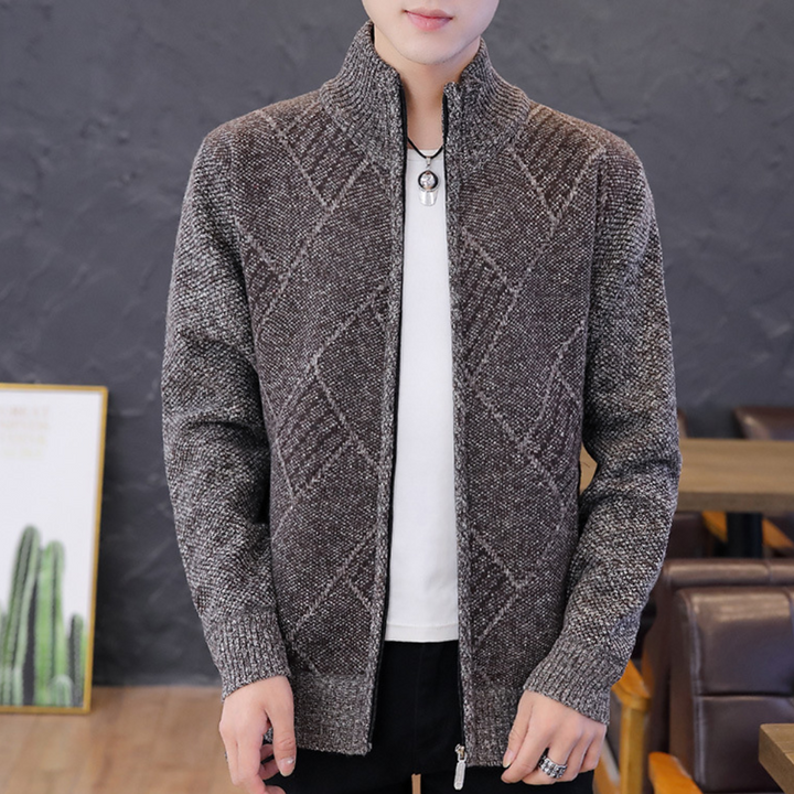 Men's Diamond Knit Cardigan with Stand Collar and Zip in Coffee