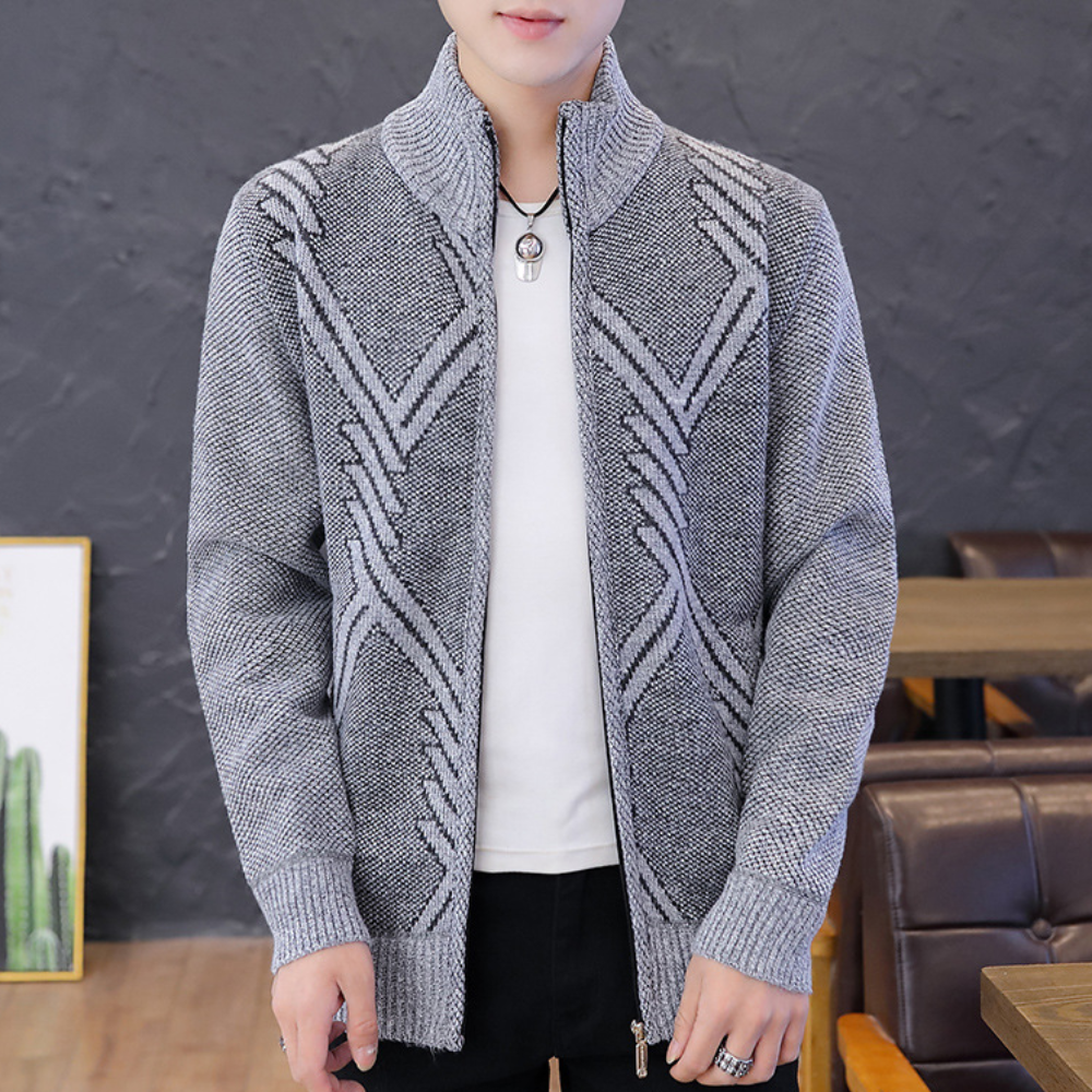 Men's Diamond Knit Cardigan with Stand Collar and Zip in Grey