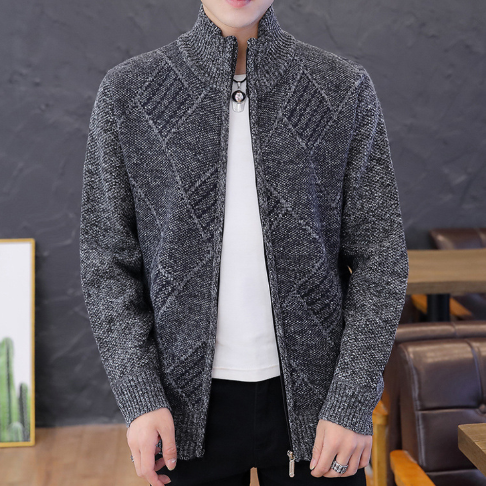Men's Diamond Knit Cardigan with Stand Collar and Zip in Dark Grey