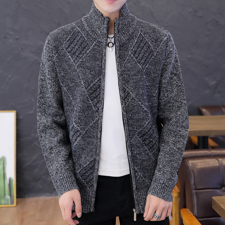 Men's Diamond Knit Cardigan with Stand Collar and Zip in Dark Grey