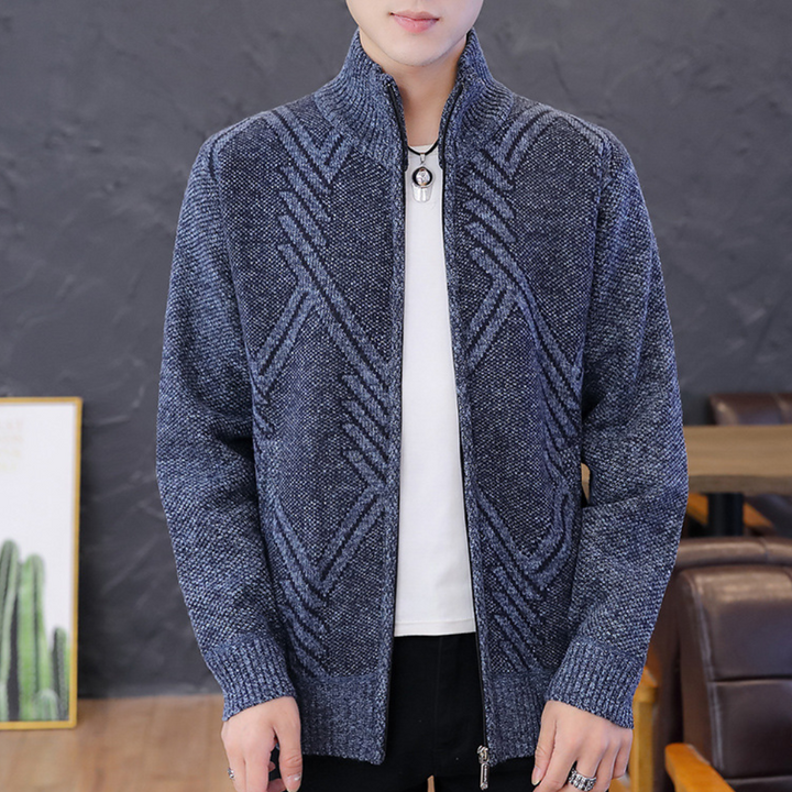 Men's Diamond Knit Cardigan with Stand Collar and Zip in Blue