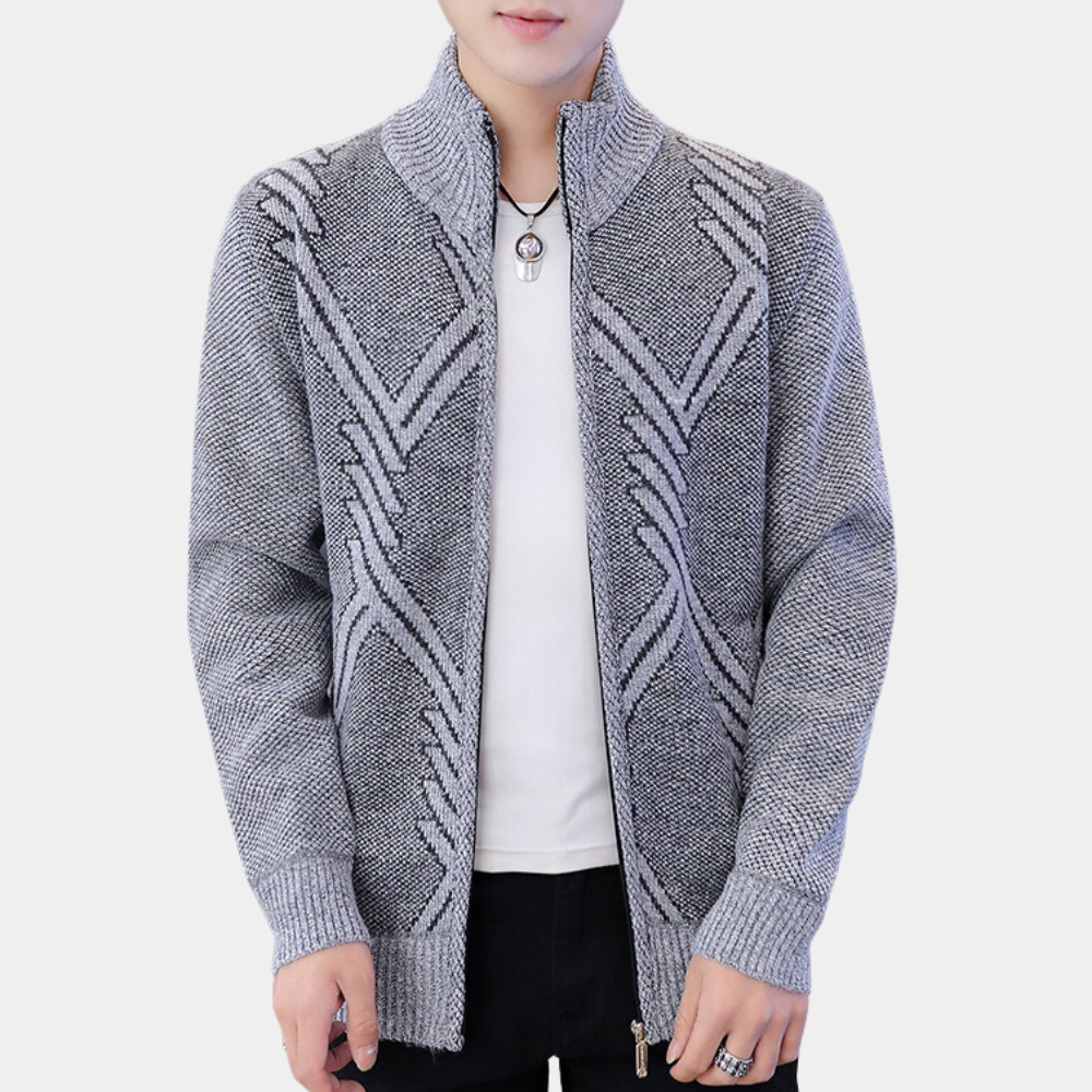 Men's Diamond Knit Cardigan with Stand Collar and Zip