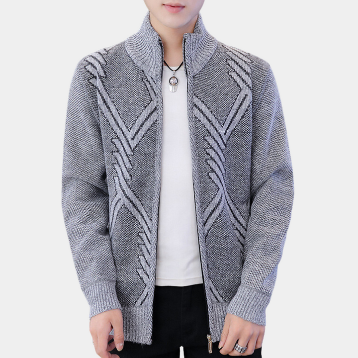 Men's Diamond Knit Cardigan with Stand Collar and Zip
