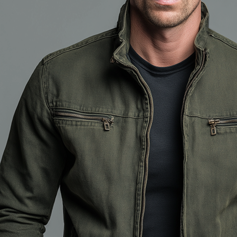 Derek - Men's Green Bomber Jacket with Stand Collar