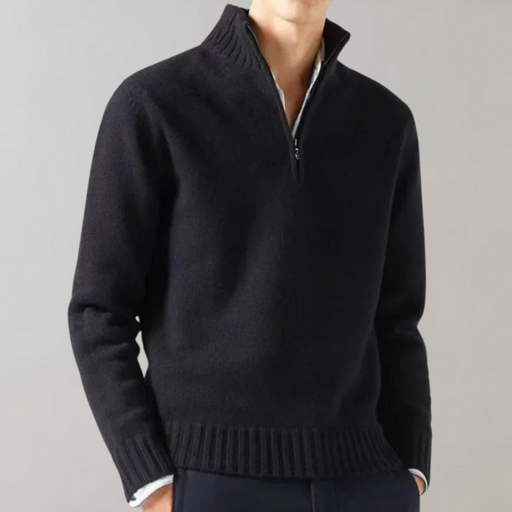 Men's Half-Zip Jumper with Ribbed Hem in Black