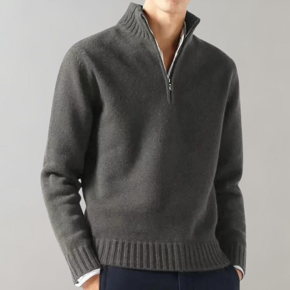 Men's Half-Zip Jumper with Ribbed Hem in Grey